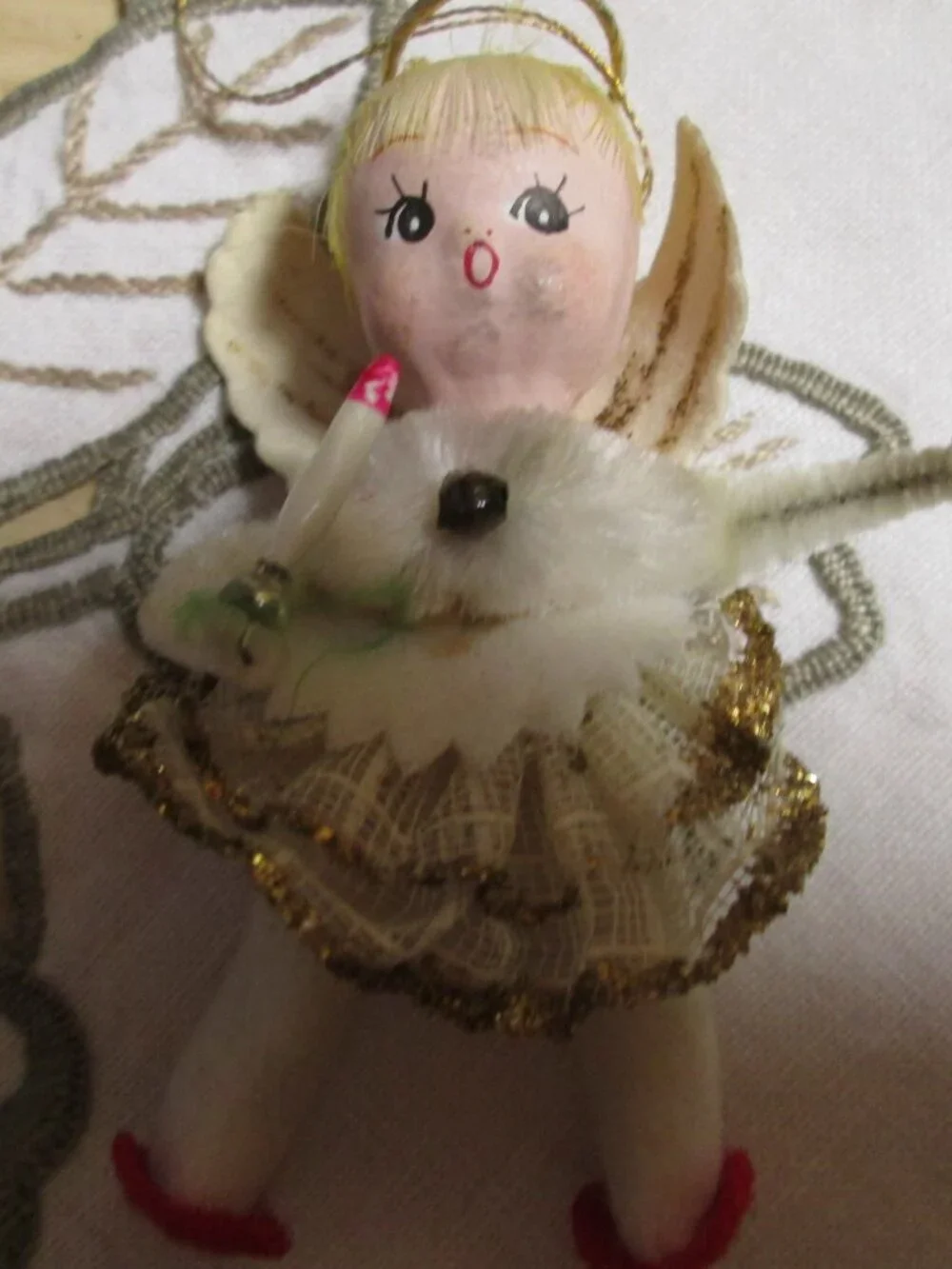 2 vtg japan mcm ornaments angels with halos' felted tinsel trim